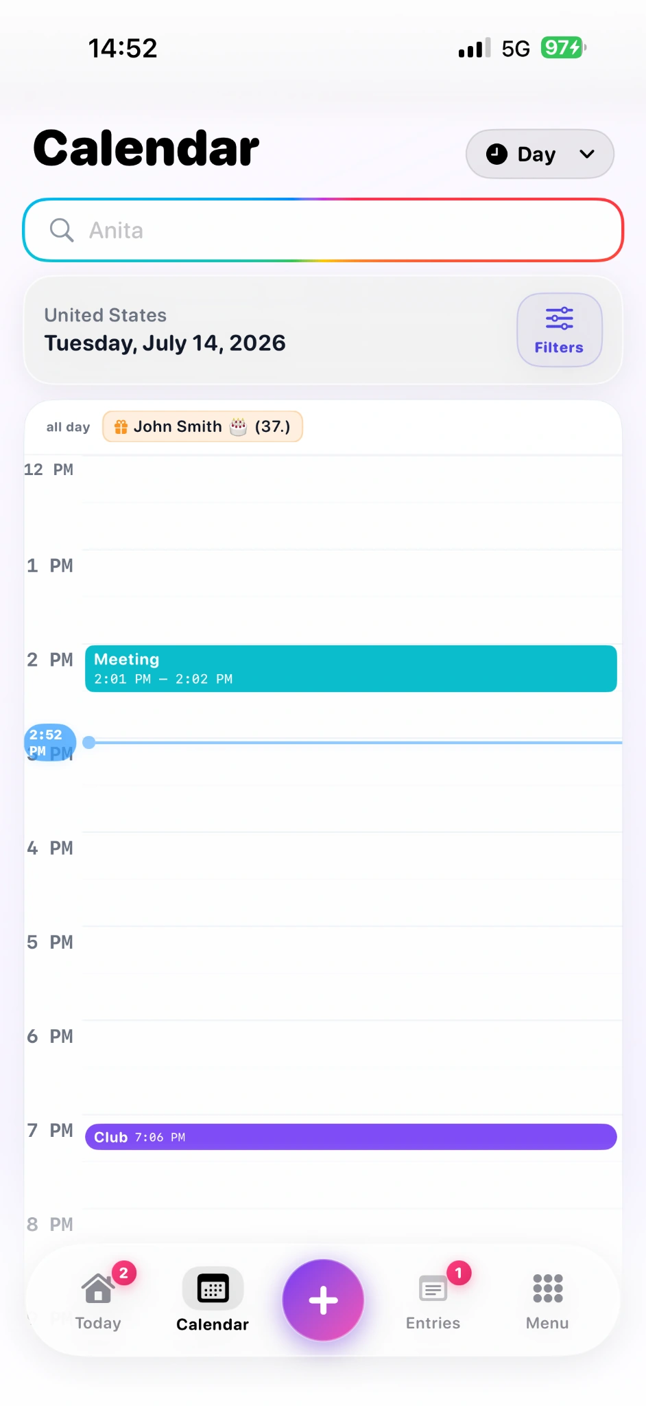 Evently Day calendar timeline with all-day and timed events