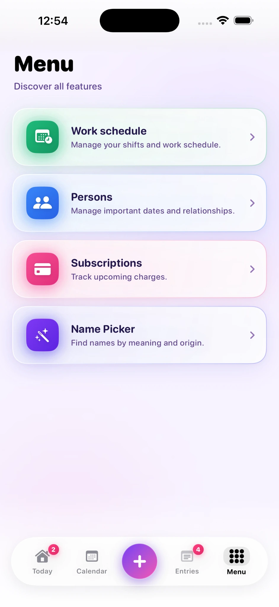 Evently feature menu